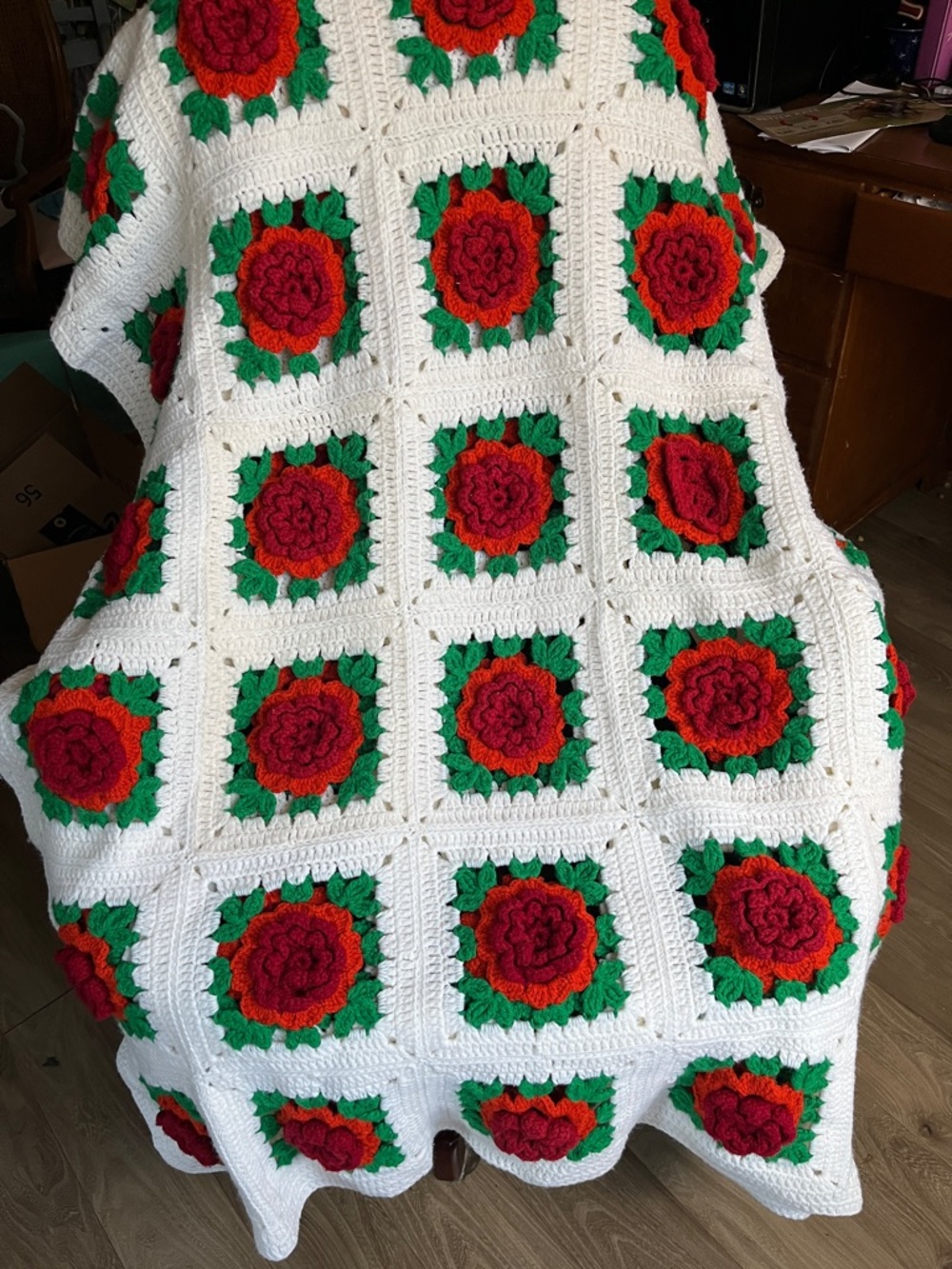 Handmade Crochet Floral Granny Square Throw - Red & Green Flowers on White